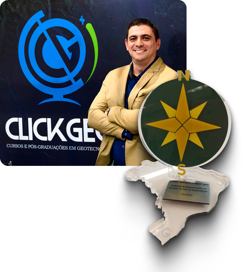 Anderson Medeiros ao lado da marca ClickGeo e de um troféu de reconhecimento profissional