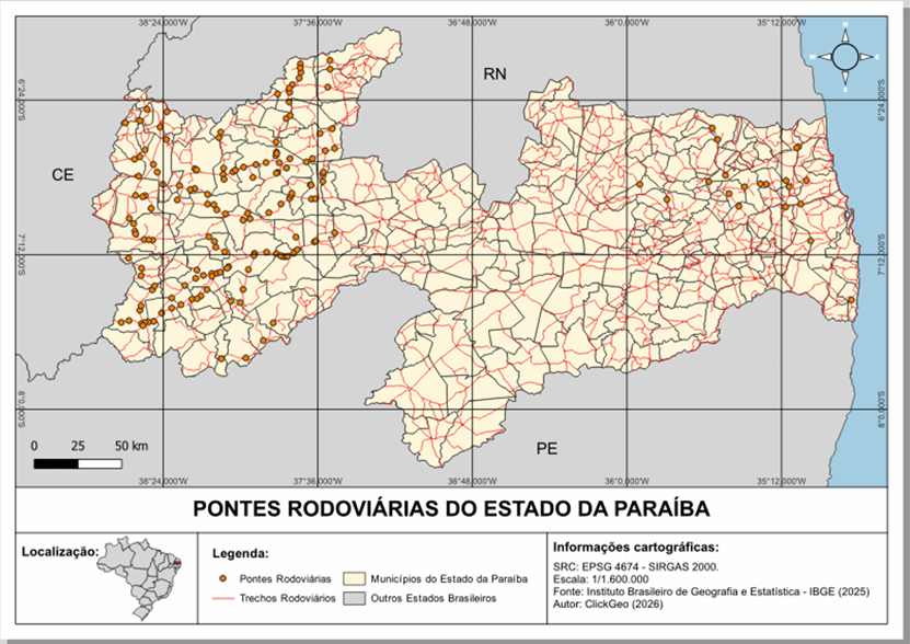Mapa final de pontes e trechos rodoviários da Paraíba criado no exercício